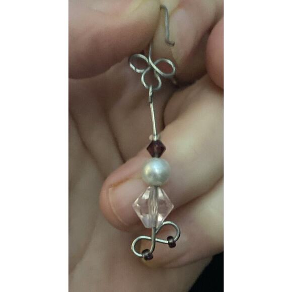 Gold Tone Pierced Looped Pearl Clear Red Faceted Infinity Sign Earrings - Picture 3 of 3